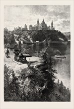 OTTAWA, PARLIAMENT BUILDINGS, FROM MAJOR'S HILL, CANADA, NINETEENTH CENTURY ENGRAVING