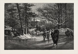OTTAWA, GOVERNMENT HOUSE, FROM SKATING POND, CANADA, NINETEENTH CENTURY ENGRAVING