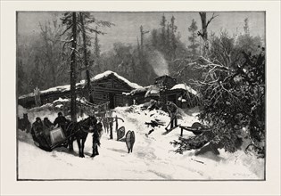 LUMBERMEN'S CAMP, CANADA, NINETEENTH CENTURY ENGRAVING