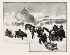 Arrival of supply train at Lumber Depot, LUMBERING, CANADA, NINETEENTH CENTURY ENGRAVING