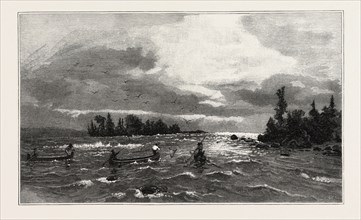 THE UPPER LAKES, THE SAULT STE. MARIE RAPIDS, CANADA, NINETEENTH CENTURY ENGRAVING