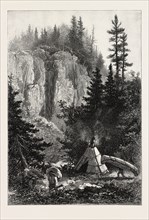THE UPPER LAKES, CAMPING GROUND AT THE PORTAGE, CANADA, NINETEENTH CENTURY ENGRAVING