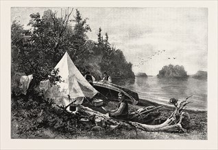 THE UPPER LAKES, CAMP ON VICTORIA ISLAND, CANADA, NINETEENTH CENTURY ENGRAVING