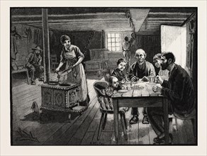 INTERIOR OF A SETTLER'S CABIN, CANADA, NINETEENTH CENTURY ENGRAVING