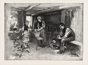 INTERIOR OF MENNONITE DWELLING, CANADA, NINETEENTH CENTURY ENGRAVING