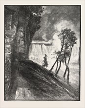 THE HORSE-SHOE FALL, FROM UNDER CLIFF AT GOAT ISLAND, CANADA, NINETEENTH CENTURY ENGRAVING
