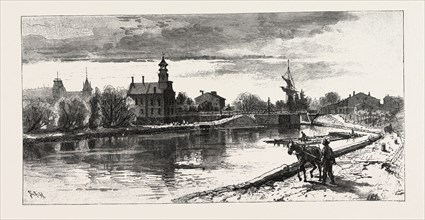 NIAGARA DISTRICT, THOROLD, ON OLD WELLAND CANAL, CANADA, NINETEENTH CENTURY ENGRAVING