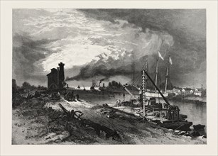 ENTRANCE TO WELLAND CANAL, PORT COLBORNE, CANADA, NINETEENTH CENTURY ENGRAVING