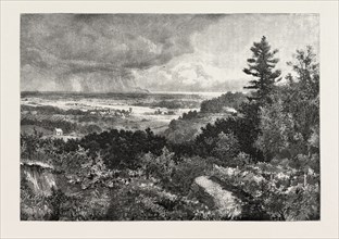 LOOKING TOWARDS LAKE ONTARIO, FROM HEIGHTS NEAR QUEENSTON, CANADA, NINETEENTH CENTURY ENGRAVING