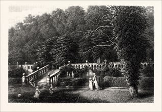 THE TERRACE, HADDON HALL,  English country house on the River Wye at Bakewell, Derbyshire, seat of