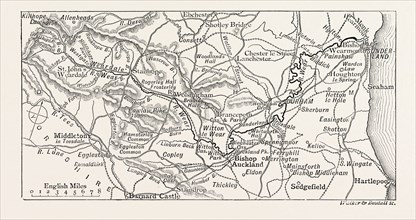 MAP OF THE COURSE OF THE WEAR, in North East England rises in the Pennines and flows eastwards,