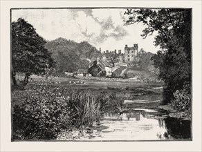 HADDON HALL, FROM THE WYE. An English country house on the River Wye at Bakewell, Derbyshire, one