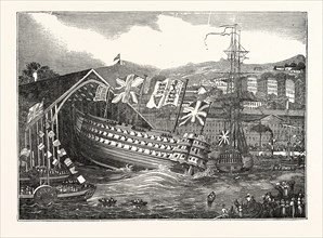 LAUNCH OF HIS MAJESTY'S SHIP "WATERLOO", AT CHATHAM,  UK, britain, british, europe, united kingdom,