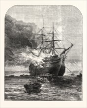 DESTRUCTION OF THE GOLIATH TRAINING SHIP, OFF GRAYS, ESSEX, BY FIRE, 1876, UK, britain, british,