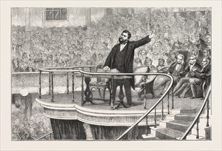 The south London tabernacle, mr. C.H. Spurgeon preaching on Sunday, 1876, UK, britain, british,