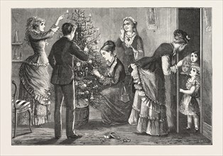 DRESSING THE CHRISTMAS TREE: THE FINISHING TOUCH: MAY I COME IN? Engraving 1876