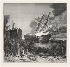 BURNING OF THE MARINE SOCIETY'S TRAINING-SHIP THE WARSPITE, OFF CHARLTON, engraving 1876