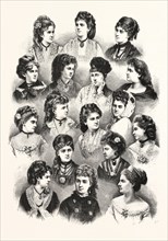 HEADS OF THE FAIR SEX. HAIR, WOMAN,  ENGRAVING 1876, haircut, hair dressing, coiffure, beauty,