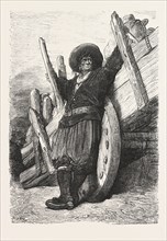 A SPANISH CHESTNUT MERCHANT AND NATIVE CART, SPAIN, ENGRAVING 1876