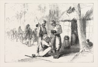 TRAVELLING IN INDIA: WAYSIDE SHED FOR SUPPLYING TRAVELLERS WITH WATER. ENGRAVING 1876
