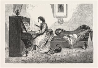 ARTISTIC RECREATION., piano, playing, female, woman, interior, cat, room, ENGRAVING 1876, UK,