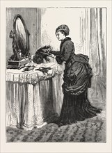 THE BIRD WEARER., WOMAN, FASHION, HAT, MIRROR, INTERIOR, DRESSING TABLE, ENGRAVING 1876, UK,