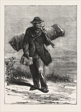 THE BIRD CATCHER.,MAN, OUTDOOR, COUNTRY SIDE, ENGRAVING 1876, UK, britain, british, europe, united