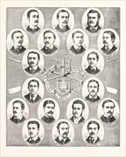 THE OXFORD AND CAMBRIDGE BOAT RACE, 1876.: PORTRAITS OF THE CREWS, ENGRAVING 1876, UK, britain,
