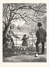 THE EASTER HOLIDAYS: FEEDING THE WATER-FOWL IN VICTORIA PARK, LONDON, ENGRAVING 1876, UK, britain,