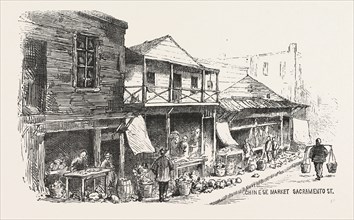CHINESE MARKET SACRAMENTO STREET, THE CHINESE QUARTERS, SAN FRANCISCO, ENGRAVING 1876, US, USA,