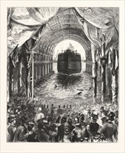 LAUNCH OF H.M.S. INFLEXIBLE, AT PORTSMOUTH: THE VESSEL LEAVING THE WAYS. ENGRAVING 1876, UK,