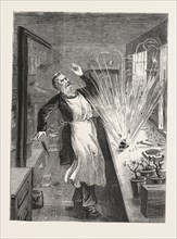 THE EXPLOSION : MR, LARKIN OPENING THE BOX, AN ATTEMPT TO MURDER AT CLERKENWELL, LONDON, ENGRAVING