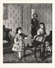A REHEARSAL ON THE SLY, GIRL, GIRLS, VIOLIN, MUSIC, PIANO, ROOM, INTERIOR, ENGRAVING 1876, UK,
