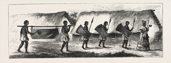 LIEUTENANT CAMERON IN CENTRAL AFRICA, KARIMBU (CHIEF NEAR KWAKASONGO) AND HIS TRAIN, ENGRAVING 1876