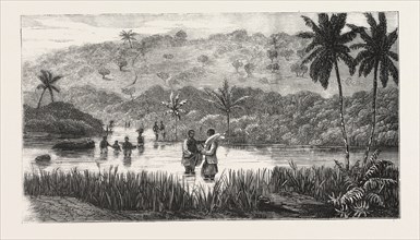 LIEUTENANT CAMERON IN CENTRAL AFRICA, CROSSING THE LUKOJI, ENGRAVING 1876