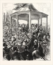 THE RECEPTION AT THE PAVILION, PORTSMOUTH DOCKYARD, A FLORAL DISPLAY, ENGRAVING 1876, UK, britain,