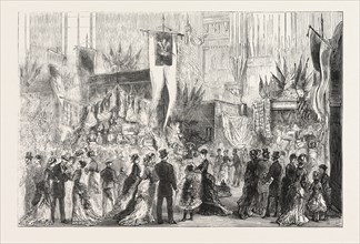 GRAND BAZAAR AT EXETER BALL IN AID OF THE NATIONAL TEMPERANCE HOSPITAL, ENGRAVING 1876, UK,