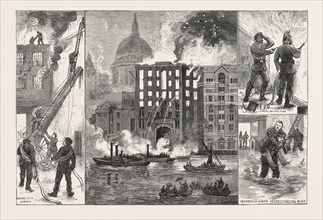 DETRUCTION OF BROOKS's WHARF, UPPER THAMES STREET, BY FIRE, LONDON, ENGRAVING 1876, UK, britain,