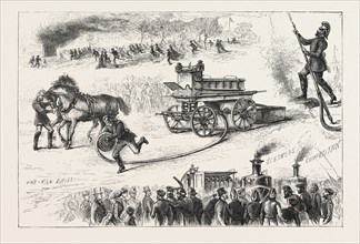 FIRE BRIGADE COMPETITION AT THE ALEXANDRA PALACE, LONDON, ENGRAVING 1876, UK, britain, british,