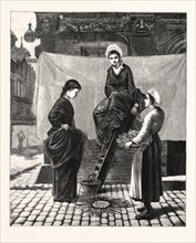 PREPARING FOR THE FETE DIEU AT LISIEUX, FRANCE, ENGRAVING 1876