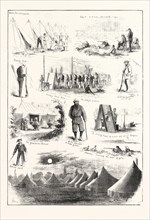 LIFE UNDER CANVAS, SKETCHES AT THE VOLUNTEER CAMP AT WIMBLEDON, ENGRAVING 1876, UK, britain,