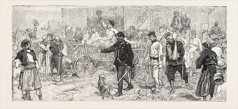 THE TURCO SERVIAN WAR, A CONVOY OF WOUNDED SOLDIERS ARRIVING AT BELGRADE, ENGRAVING 1876