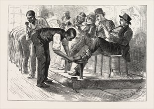 A CENTENNIAL SHINE: A SKETCH AT THE PHILADELPHIA EXHIBITION BY C.S. REINHART, ENGRAVING 1876, USA