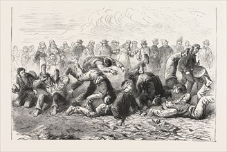 POPULAR SPORTS IN BELGIUM A BLINDFOLD RACE, ENGRAVING 1876