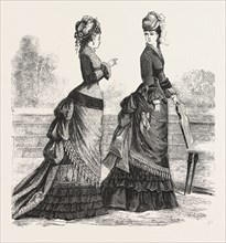 FASHION TWO NEW WALKING COSTUMES, ENGRAVING 1876, UK, britain, british, europe, united kingdom,