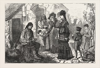 LONDON VISITORS AT THE SEA-SIDE, a Drawing by H. Tuck., ENGRAVING 1876, UK, britain, british,