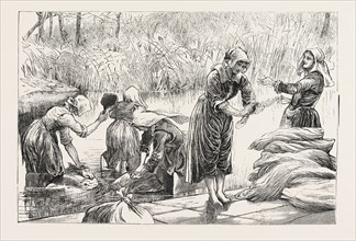 SKETCHES IN BRITTANY, FRANCE,  WOMEN OF VANNES WASHING, DRAWING BY PERCY MACQUOID
