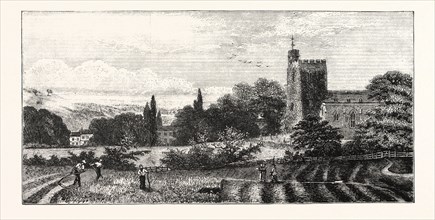THE NORTH OF LONDON, HORNSEY CHURCH, FROM CHURCH PATH FIELDS, ENGRAVING 1876, UK, britain, british,