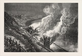 DESTRUCTION OF THE SPA SALOON, SCARBOROUGH BY FIRE, ENGRAVING 1876, UK, britain, british, europe,