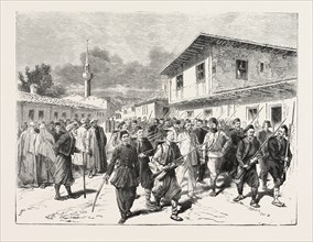 THE WAR: A PARTY OF INSURGENTS BEING CONDUCTED TO PRISON BY THE TURKS, ENGRAVING 1876
